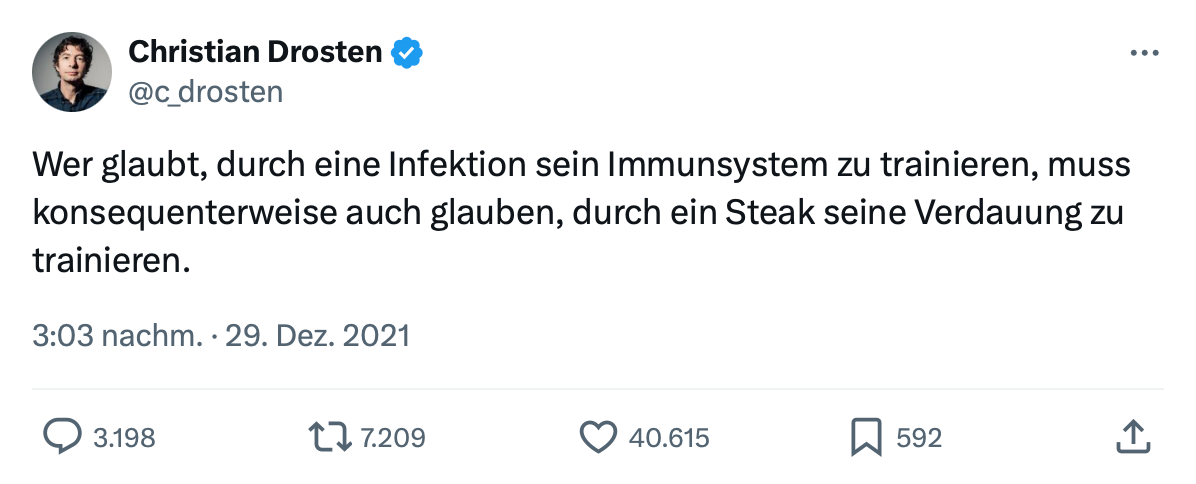 Tweet von Christian Drosten: »Wer glaubt, durch eine Infektion sein Immunsystem zu trainieren, muss konsequenterweise auch glauben, durch ein Steak seine Verdauung zu trainieren.« - 3:03 nachm. · 29. Dez. 2021